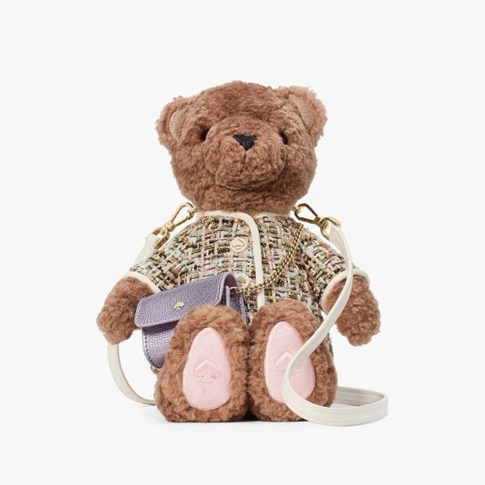 Kate Spade Brown & Purple Collectible Novelty 3D Teddy Bear Tweed Crossbody Bag